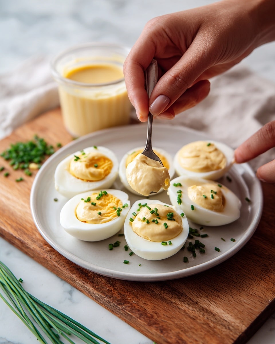 The image shows a white plate with five boiled eggs cut into halves, arranged with the yolk side up. Three of the egg halves have a thick, creamy, pale yellow sauce placed on top, smooth and slightly glossy. The plate is on a wooden cutting board with a white marbled background visible underneath. Two hands are in the frame: one holding a clear plastic container with more of the yellow sauce, and the other using a spoon to scoop the sauce from the container. Small chopped green herbs and chives lie nearby. Photo taken with an iphone --ar 4:5 --v 7