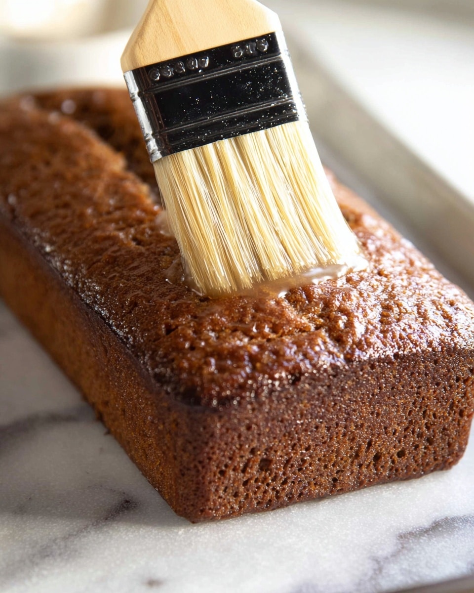 The image shows a close-up of a single rectangular brown cake with a textured surface placed on a white marbled tray. A wooden pastry brush with light bristles and a black band near the bristles is gently applying a clear glaze or syrup over the top of the cake, creating a shiny effect in that area. The background is blurred, with soft focus on the cake and brush. Photo taken with an iphone --ar 4:5 --v 7