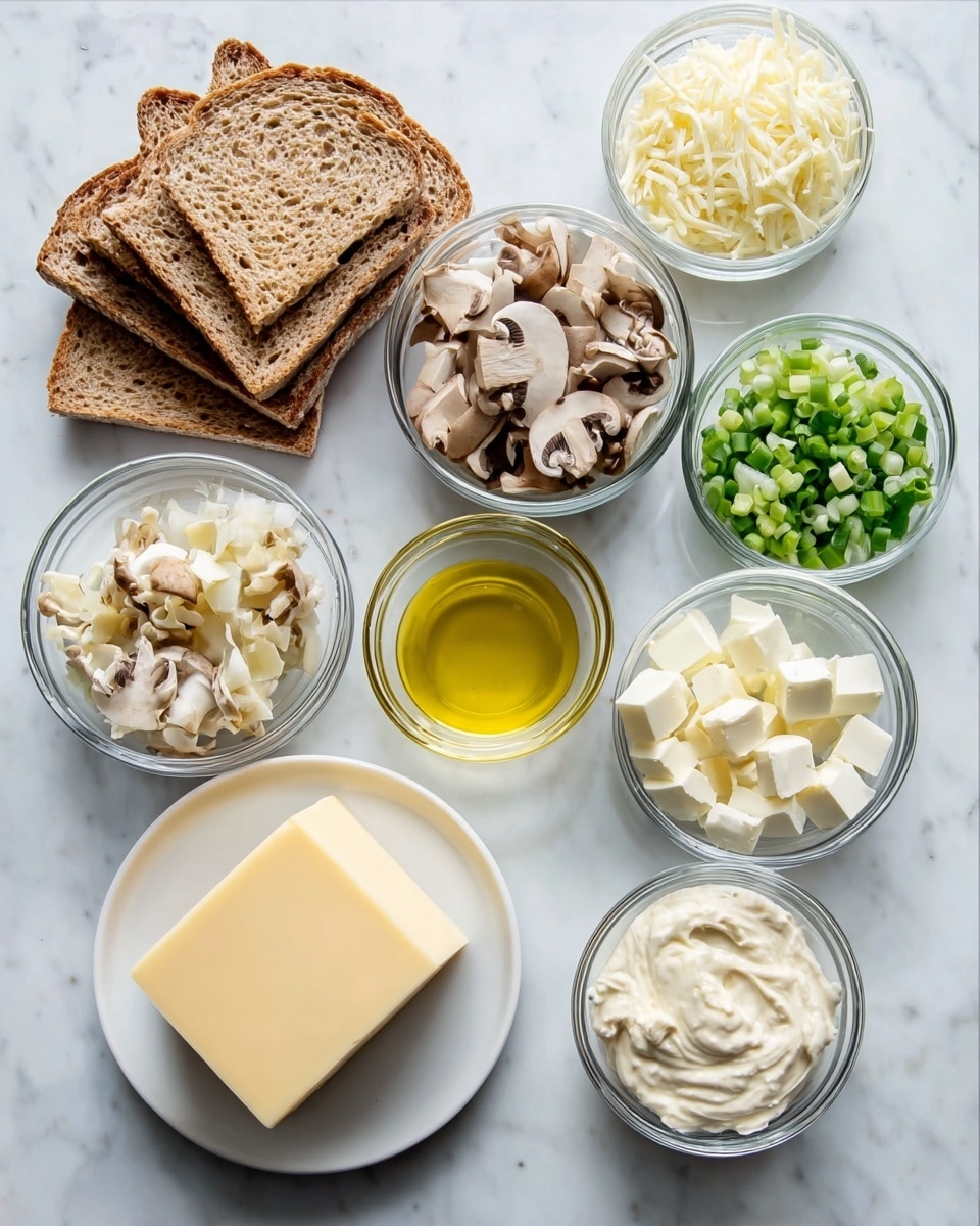 The image shows a neat arrangement of cooking ingredients on a white marbled surface. There are several small clear glass bowls with different items: one with sliced mushrooms, one with chopped mushrooms, one with shredded white cheese, one with chopped green onions, one with small white cubes that look like butter, one with thick creamy white sauce, one with a creamy white spread, and one with diced white onions. A small clear bowl in the center holds yellow olive oil. On the left side, three slices of brown bread are stacked slightly overlapping on a white plate. At the bottom center, there is a large square block of pale yellow cheese on a small white plate. The composition is clean and organized, with a light and fresh kitchen feel, photo taken with an iphone --ar 4:5 --v 7