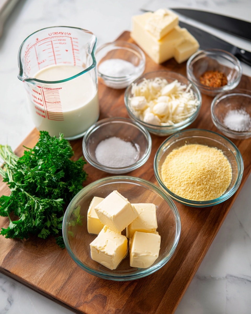A wooden cutting board on a white marbled surface holds several clear glass bowls with cooking ingredients arranged in a loose grid. In the front center, a bowl contains three pale yellow butter cubes, with a small bunch of fresh green parsley placed in a bowl to the left. In the middle, to the right of parsley, is a bowl with peeled garlic cloves. Above that, a bowl is filled with grated pale yellow cheese, and to its right is a bowl of yellow cornmeal. Behind the cheese and cornmeal, a glass measuring cup is filled nearly to the top with white milk, marked with red measurement lines. To the left of the cheese is a small bowl of salt, and next to that is a small bowl containing a pinch of reddish-brown spice. In the top left area, a small bowl holds two pale yellow pieces of butter next to a white egg in another bowl. Black handled knife and cleaver are partially seen on the right and around the top left corner of the board. Photo taken with an iphone --ar 4:5 --v 7