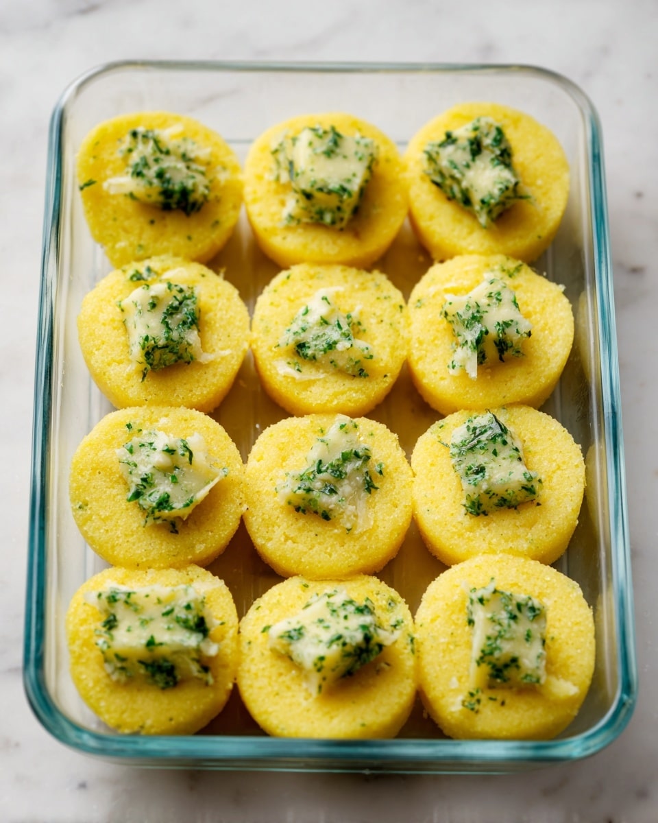 The image shows twelve round yellow polenta cakes arranged in a clear glass baking dish with three rows of four. Each polenta cake has a rough texture with slight cracks and is topped with a green herb butter pat on the center. The herb butter is pale yellow with visible green herb specks mixed inside, giving it a fresh look. The polenta cakes are evenly spaced inside the dish, set on a white marbled surface. The colors contrast nicely with the bright yellow polenta and the green herb butter. Photo taken with an iphone --ar 4:5 --v 7