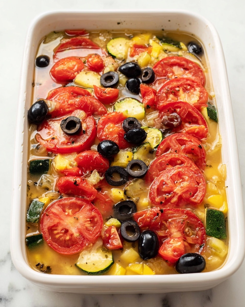 This image shows a white rectangular baking dish filled with a layered vegetable casserole. The bottom layer is a mixture of small chopped yellow and green zucchini pieces in a light broth, visible through the clear liquid. On top of this are slices of bright red tomatoes arranged in overlapping circles, scattered with whole and halved black olives that add dark spots across the surface. The texture looks soft and slightly watery, with a mix of smooth tomato, shiny olives, and chunky vegetable bits under a light broth. The baking dish is placed on a white marbled surface. photo taken with an iphone --ar 4:5 --v 7
