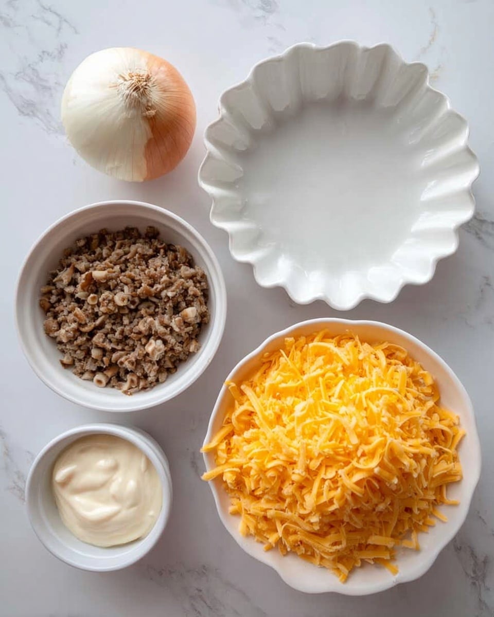 The image shows a white marbled surface with several small bowls and items arranged neatly. In the bottom right, there is a white bowl filled with lots of shredded orange-yellow cheese. To the left, a small white bowl contains finely chopped brown pieces, likely cooked mushrooms or a similar ingredient. On the top right side, there is a small white bowl with a creamy white substance that looks like sour cream or mayonnaise. At the top center is a large white, scalloped-edged empty dish. On the top left side of the image, there is a whole white onion and a small white garlic bulb. All elements are clearly separated, showing a clean and organized setup. Photo taken with an iphone --ar 4:5 --v 7