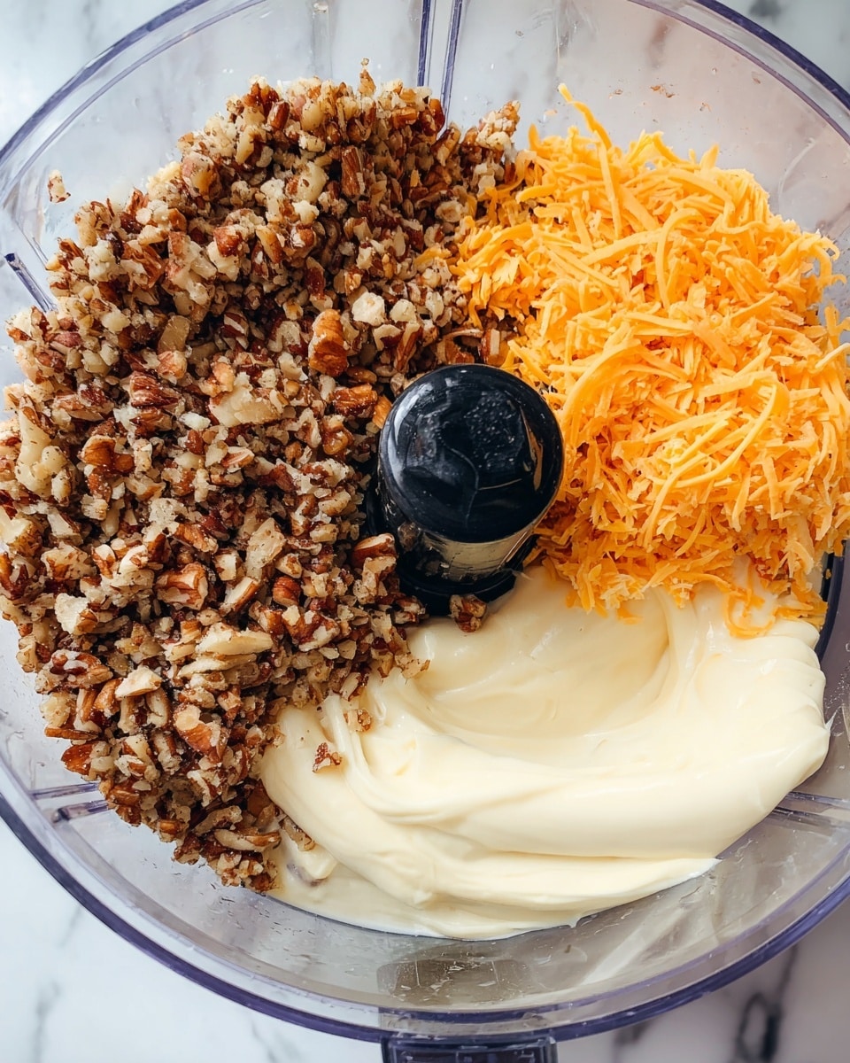 Inside a clear food processor bowl, there are three main layers: on the left side, a large pile of finely chopped light to dark brown nuts with uneven texture; on the upper right, a smaller pile of bright orange shredded cheese strands; on the lower right, a smooth, thick layer of creamy white sauce with soft folds. The food processor’s black metal blade part is visible in the middle, sticking up. The background is a white marbled texture. Photo taken with an iphone --ar 4:5 --v 7