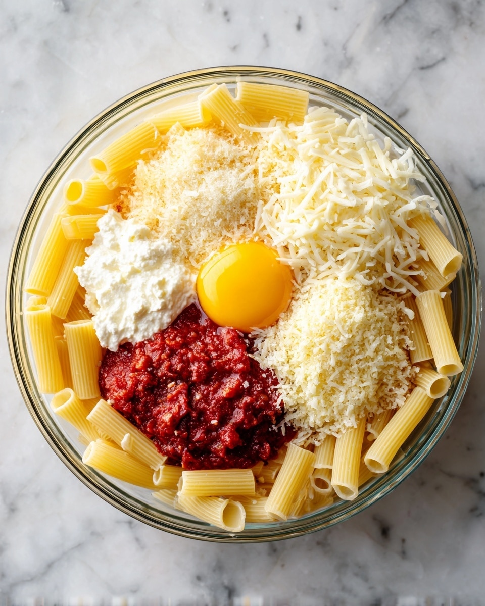 The image shows a clear glass bowl placed on a white marbled surface, filled with six distinct layers of ingredients arranged in separate sections. The first layer is light yellow pasta tubes scattered around the base and edges of the bowl. At the top right, there is a layer of shredded white cheese with fine texture. Next to it is a pile of grated pale yellow cheese, coarse and powdery. Below that is a rich red tomato sauce with a slightly chunky texture. To the left of the sauce is a smooth, creamy white layer of ricotta cheese. Finally, in the center, there is an egg yolk with bright yellow and slight frothy texture, sitting on a small bed of pasta. Photo taken with an iphone --ar 4:5 --v 7