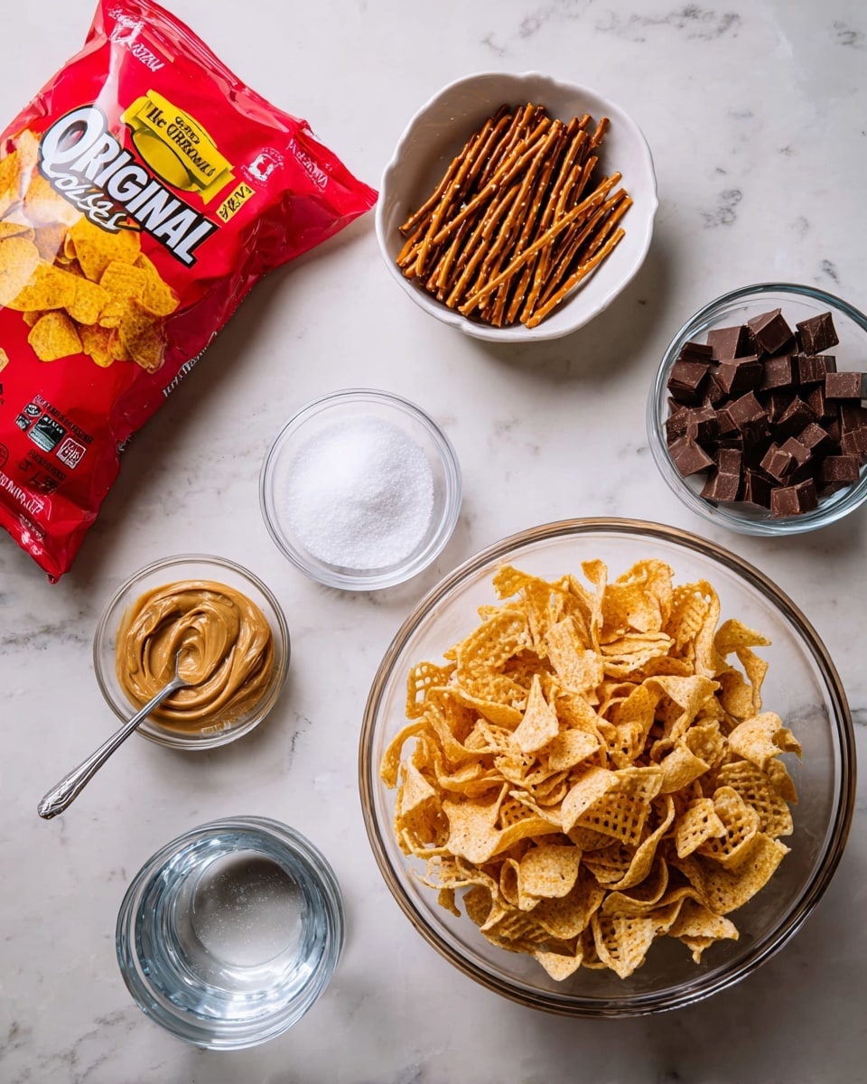 The image shows several ingredients arranged on a white marbled surface. In the center right, there is a large clear bowl filled with light brown corn chips that have a crunchy texture and curled shape. To the top right, a white bowl is filled with thin, dark brown pretzel sticks. On the top left, a red and yellow bag labeled