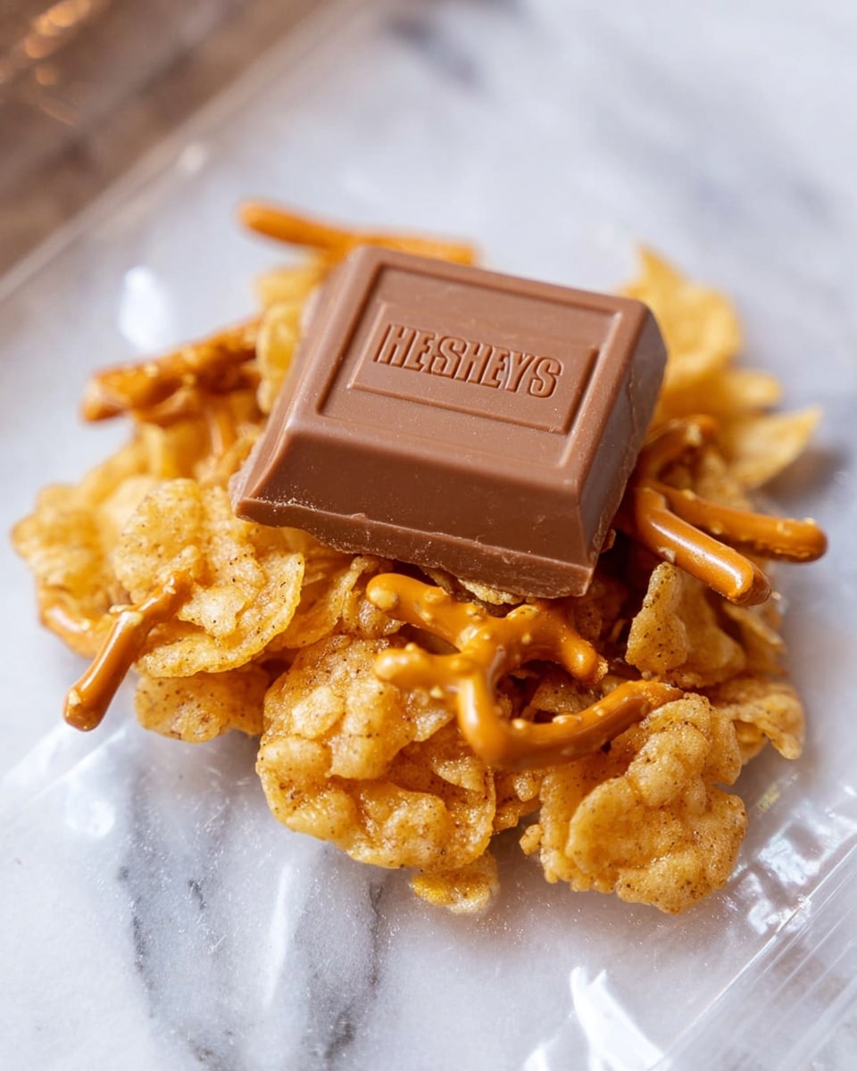 A close-up of a small cluster snack shows three layers: the bottom layer is made of light golden cornflakes with a crunchy texture, slightly coated in a sticky syrup that gives them a shiny look; the middle layer has thin, orange-brown pretzel sticks arranged randomly for a mixed texture; the top layer features a square piece of milk chocolate with the word