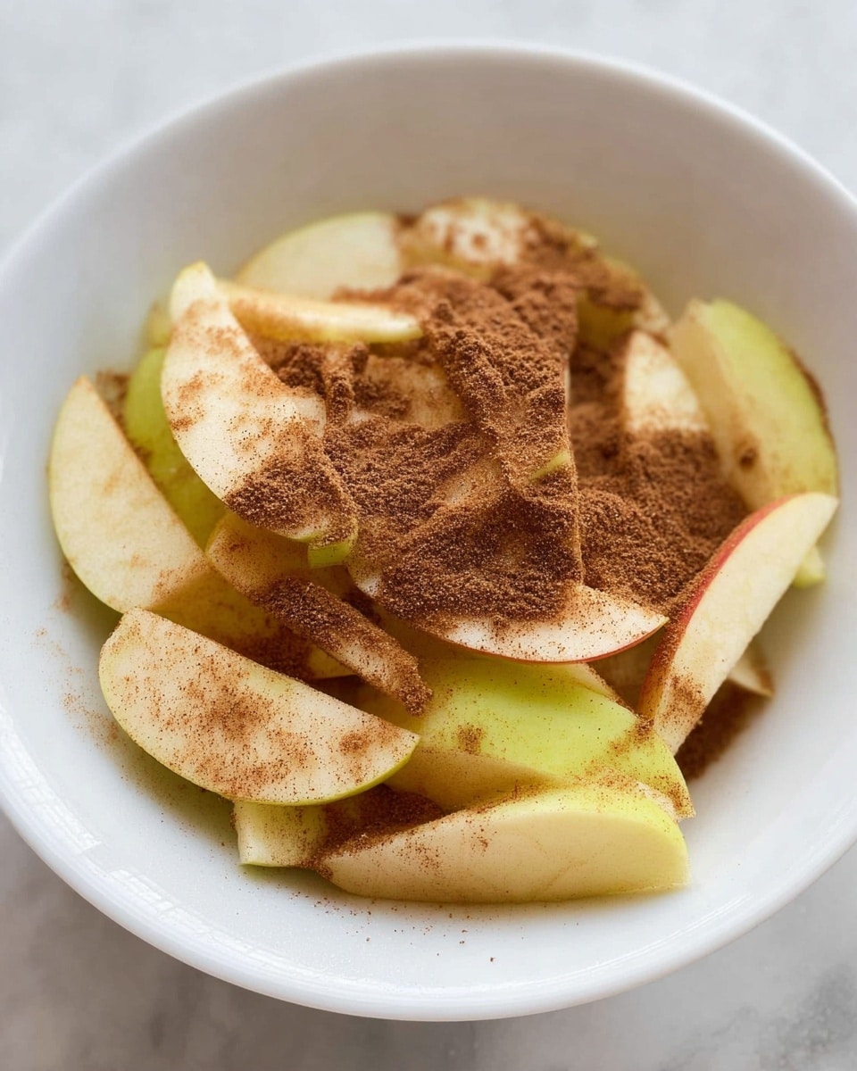 The image shows a white bowl filled with thin slices of light yellow and pale green apples arranged in a loose pile. Over the apple slices, there is a fine layer of brown cinnamon powder evenly spread, giving a speckled texture with darker and lighter brown areas. The apple slices have a smooth, slightly shiny surface, and some pieces show a hint of red skin on the edges. The background and surface under the bowl have a white marbled texture. photo taken with an iphone --ar 4:5 --v 7