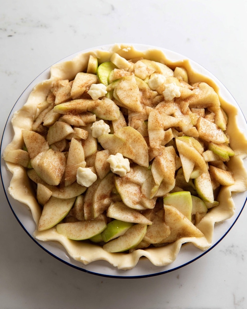 A white pie dish holds an unbaked apple pie with two visible layers: the bottom light beige crust edges are folded up and out, forming the base and rim, while the thick filling layer is made of unevenly sliced green-yellow apple pieces covered in a cinnamon-spiced coating, with small dollops of pale buttery dough scattered on top. The dish is placed on a white marbled surface. photo taken with an iphone --ar 4:5 --v 7