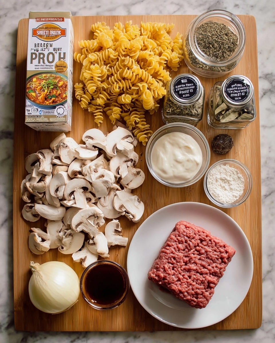 The image shows a wooden board with various ingredients neatly arranged on it. At the center right, on a white plate, is a rectangular block of raw ground beef with a coarse texture. Above that, there is a pile of yellow egg noodles with a twisted, curly shape. To the left of the noodles, there are several white mushrooms sliced thinly, showing their smooth caps and gills. Next to the mushrooms is a clear glass bowl filled with a white creamy substance. At the top right corner are two small clear jars filled with dried thyme and bay leaves, labeled with black stickers. To the left side on the board is a carton of beef broth with a colorful picture of a beef stew. Below that, a glass bowl holds white flour, and a small glass bowl with dark brown liquid is placed beside it. At the bottom left corner lie a whole white onion and a bulb of garlic with its outer layers still on. The entire scene is placed on a white marbled surface. Photo taken with an iphone --ar 4:5 --v 7