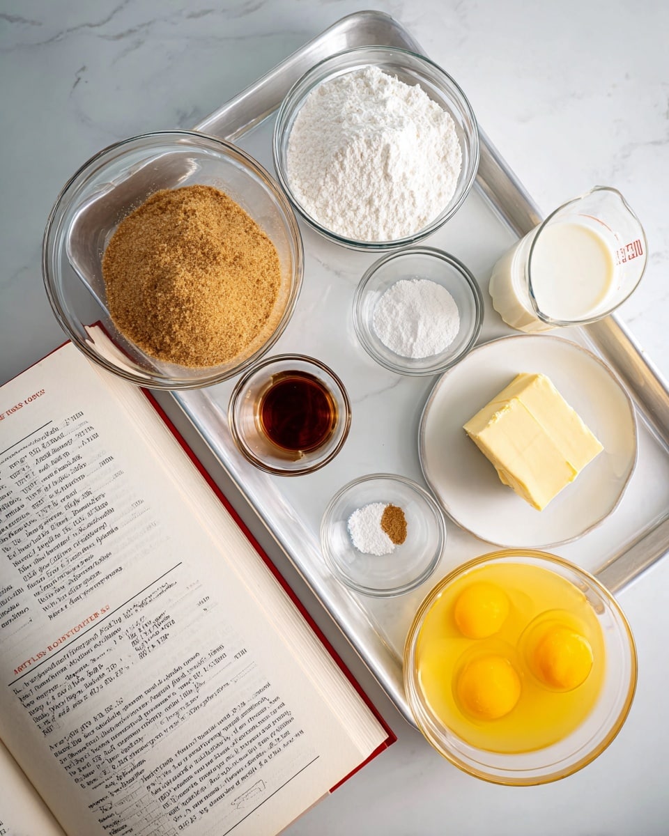 A white tray holds seven ingredients for baking, arranged neatly on a white marbled surface. On the tray, there is a large clear glass bowl filled with light brown sugar in the top center, a medium clear bowl of white flour to the right, and a smaller bowl with white powdered sugar to the left. Below them sits a tiny clear bowl with salt and another with dark amber vanilla extract. To the right of the tray, a white plate holds a stick of pale yellow butter, and a bright yellow bowl filled with what looks like beaten egg yolks. A glass measuring cup with milk is positioned near the upper right side. The open recipe book on the lower left corner shows the recipe titled