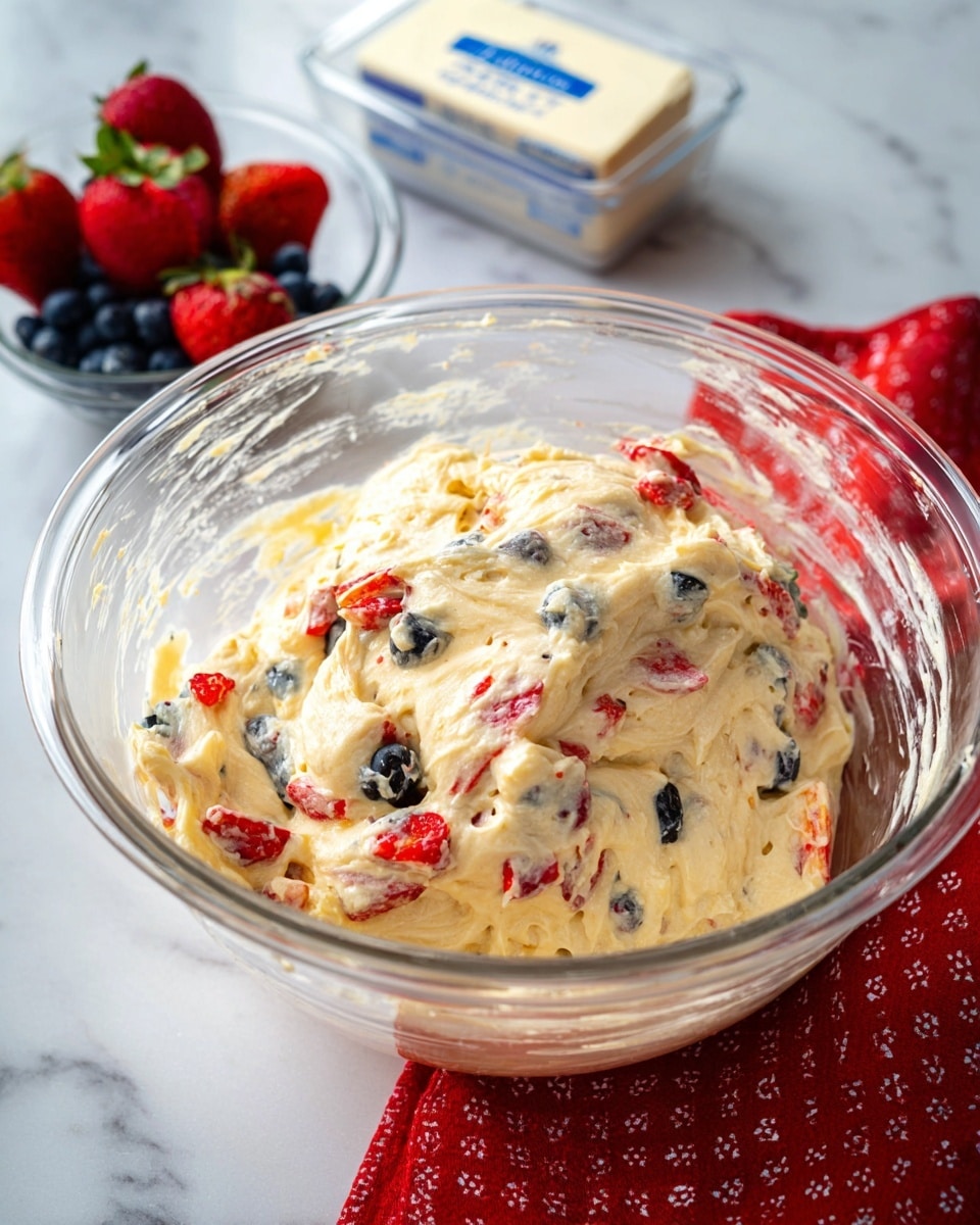 A clear glass bowl filled with thick, pale yellow batter mixed with small red strawberry pieces and dark blue blueberries evenly spread throughout. Behind the bowl, a small clear glass bowl holds whole strawberries and blueberries, and a silver box of cream cheese rests on a white marbled surface with a red patterned cloth underneath the bowls. The batter shows a creamy and dense texture with bits of fruit visible inside, the entire scene bright and clear. Photo taken with an iphone --ar 4:5 --v 7