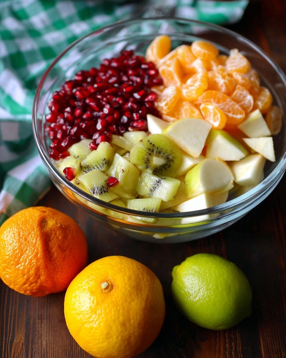 The image shows a clear glass bowl filled with four types of fruit placed in separate sections inside: bright red pomegranate seeds at the top, pale yellow and green kiwi pieces in the front right, white and light red apple slices on the right side, and bright orange tangerine segments on the left. In front of the bowl on a dark wooden surface are three whole fruits: an orange, a yellow lemon, and a green lime. The background includes part of a green and white checkered cloth. The photo taken with an iphone --ar 4:5 --v 7