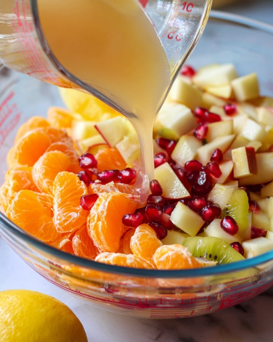 A clear glass bowl filled with a colorful mix of fresh fruit layers sits on a white marbled surface. The bottom layer shows bright orange mandarin slices with shiny, textured skin. Above them are small red pomegranate seeds scattered throughout, adding vibrant spots of deep red. The next layer has pale yellow chunks of apple with hints of red on the edges, and small pieces of kiwi with their soft green and black seeds. A woman's hand is pouring a light tan, smooth liquid from a clear measuring cup into the bowl, creating a glossy shine on the fruits below. A yellow lemon is partially visible near the bottom left corner. The overall setting is bright and fresh, highlighting the fruit’s natural colors and juicy textures photo taken with an iphone --ar 4:5 --v 7