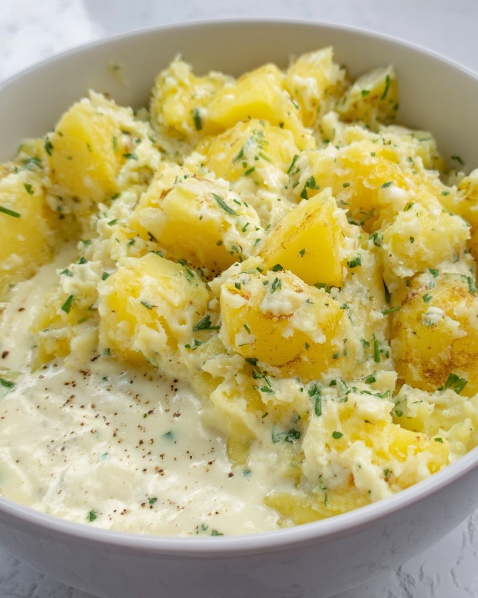 The image shows a white bowl filled with a creamy dish that has two clear layers: the bottom layer is a smooth white sauce with small dark spots, likely pepper, and the top layer consists of chunky yellow potato pieces mixed with crumbled white potatoes sprinkled with green herbs. The potatoes have a soft, slightly mashed texture with some rough edges. The scene is set on a white marbled surface. photo taken with an iphone --ar 4:5 --v 7