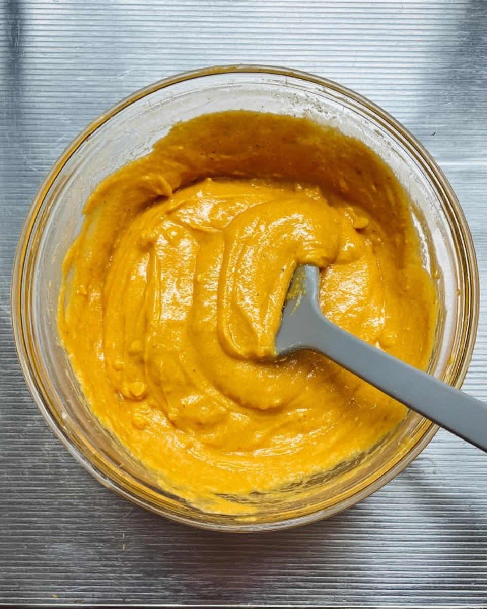 A clear glass bowl filled with smooth, thick, orange-yellow batter with some small lumps visible throughout. The batter covers the bottom and sides of the bowl evenly. A grey spatula rests inside the bowl, partially dipped in the batter with some batter clinging to it. The bowl is placed on a metal surface with horizontal ridges. Photo taken with an iphone --ar 4:5 --v 7