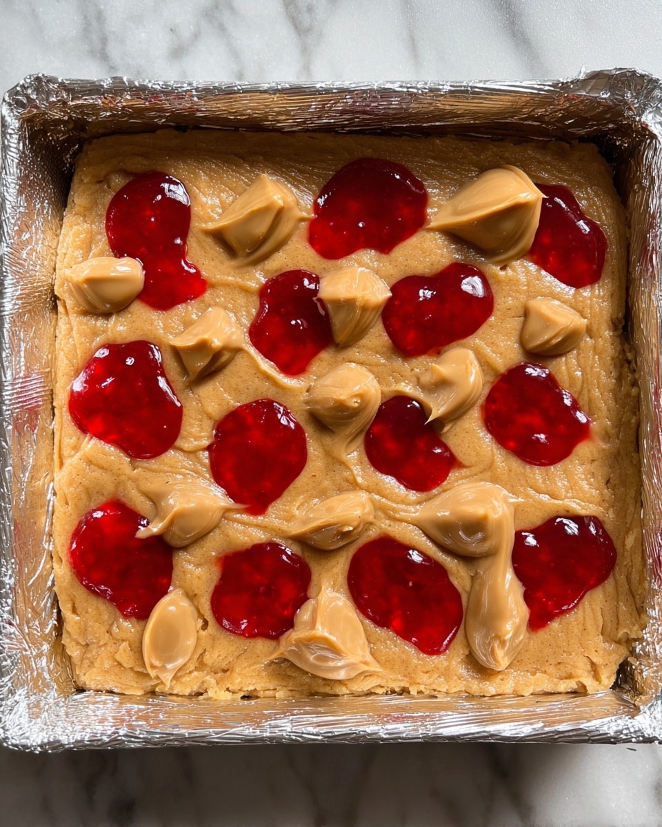 The image shows a square pan lined with shiny aluminum foil filled with a thick, soft, light brown dough layer as the base. On top, there are uneven dollops of smooth, creamy peanut butter in a light tan color scattered across the dough. Between the peanut butter, there are bright red, glossy blobs of jelly spread in a random pattern. The jelly has a shiny and slightly wet look, contrasting with the matte texture of the dough and creamy peanut butter. The pan and contents sit against a white marbled surface. photo taken with an iphone --ar 4:5 --v 7