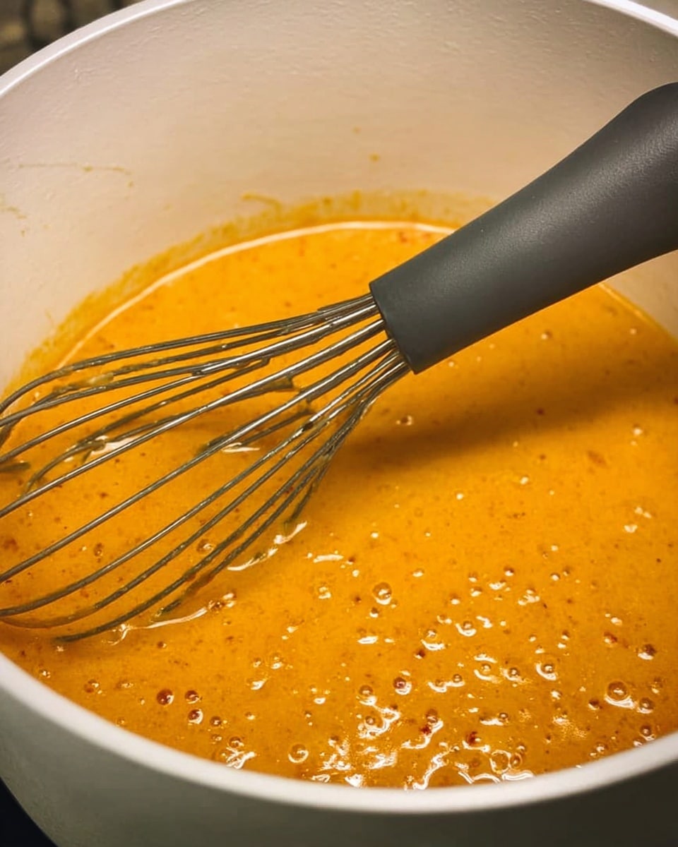 A close-up view of a white pot filled with a bubbling thick orange sauce or batter, showing small bubbles on the surface. A black whisk with a gray handle is partially dipped into the mixture, resting inside the pot. The background is not very visible, focusing fully on the pot and its contents. Photo taken with an iphone --ar 4:5 --v 7
