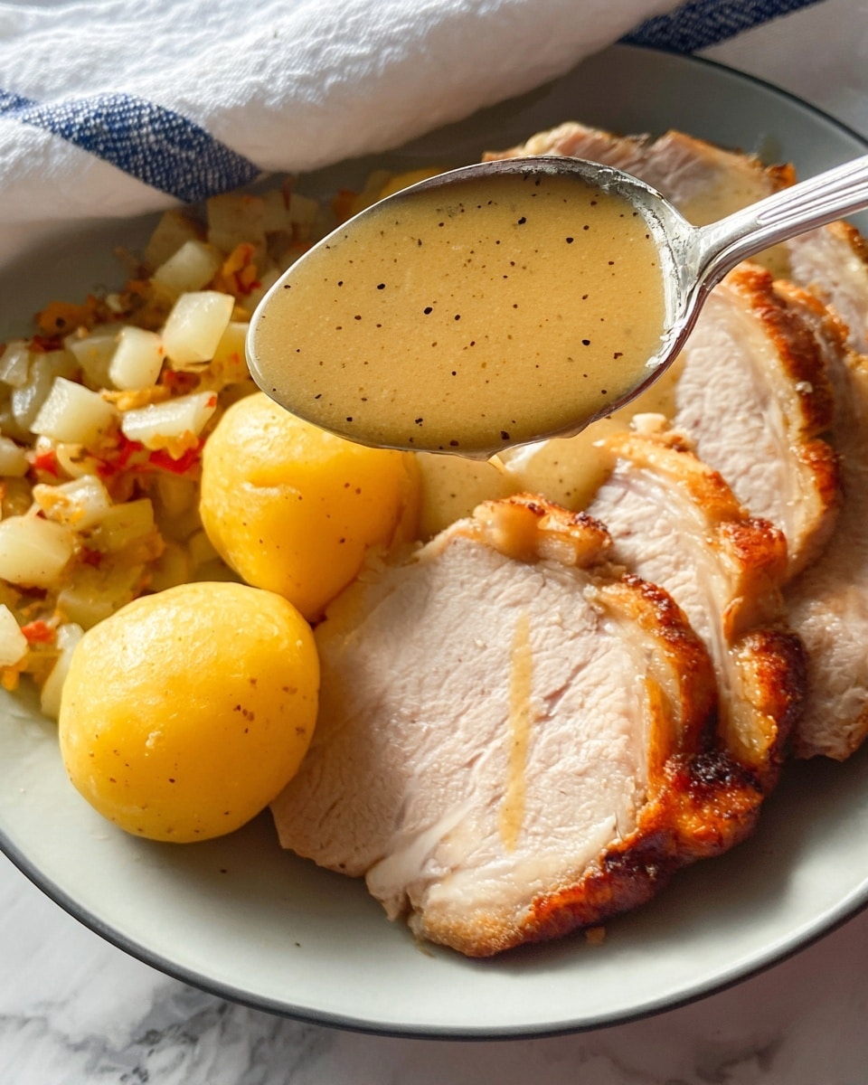 The image shows a white plate filled with a meal consisting of four main parts. At the bottom, there are thick slices of golden-brown roasted meat with crispy edges and a smooth light pink inside, arranged in a row on the right side. Next to the meat, three round, smooth, light yellow potato balls sit in the center. At the bottom left, there is a mix of small diced vegetables in light colors with a slightly textured surface. Above the plate, a silver spoon holds a thick, light brown gravy with black specks, ready to be poured onto the dish. The plate is placed on a white marbled surface, and a white cloth with blue stripes is partially visible in the background. Photo taken with an iphone --ar 4:5 --v 7