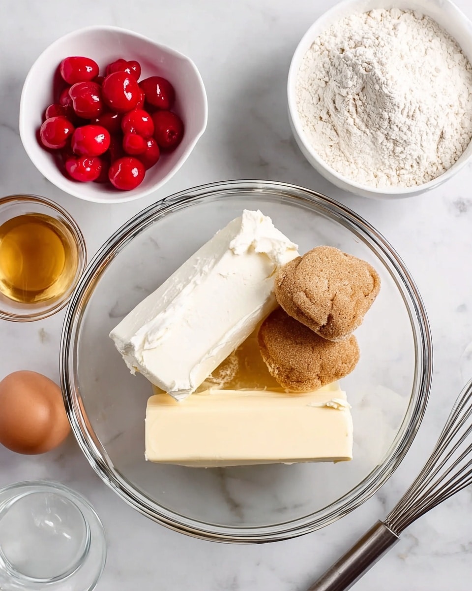 A clear glass bowl sits on a white marbled surface, containing three main ingredients layered side by side: a large rectangular block of white cream cheese at the bottom left, a similarly sized stick of pale yellow butter below it, and two packed scoops of light brown sugar stacked on the right side, one slightly cracked. Surrounding the bowl are additional ingredients on the white marbled surface, including a small white bowl filled with bright red cherries at the top left, a small clear cup of light golden liquid near the center, a large white bowl filled with flour on the top right, an egg near the top left, a silver whisk at the bottom right, and a small clear spoon resting near the bowls. Photo taken with an iphone --ar 4:5 --v 7
