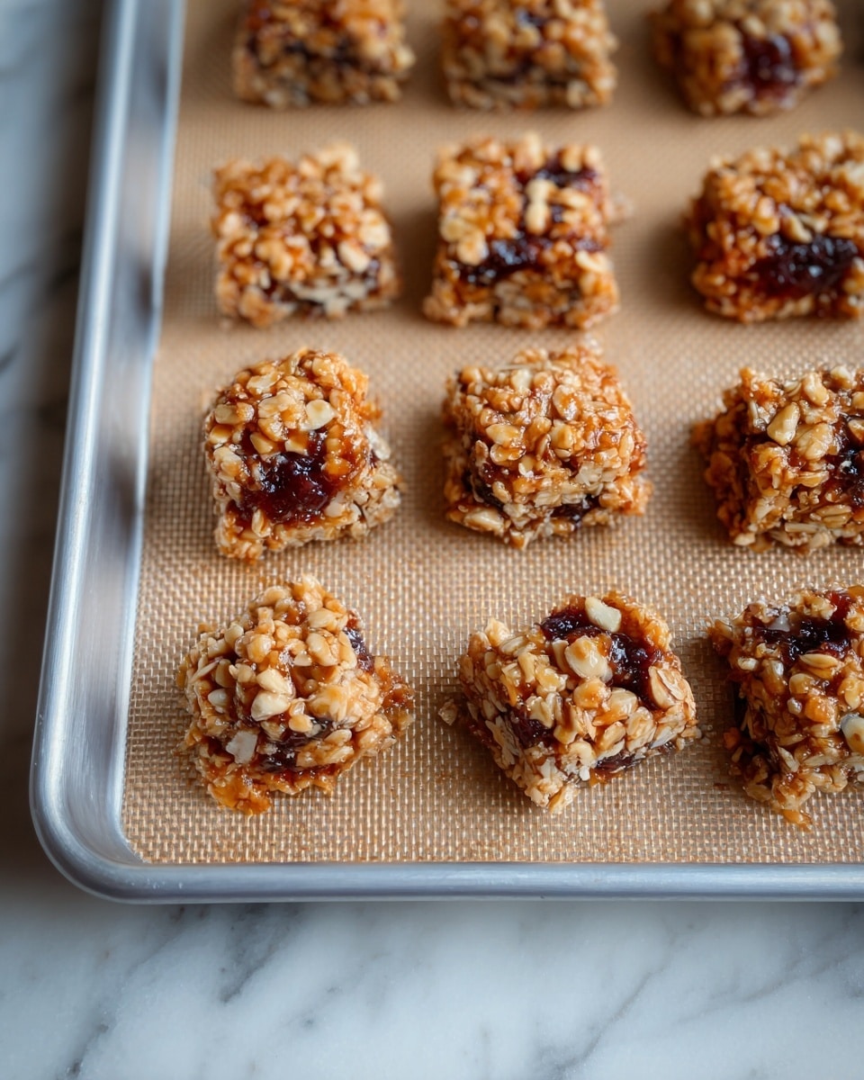 The image shows several small square-shaped snacks arranged in rows on a baking tray lined with a textured baking mat. Each snack has a rough, chunky outer layer made up of light brown nuts or oats that look crunchy, with bits of a darker, glossy fruit filling visible in the center. The snacks appear toasted and have some caramelized parts on the outside. The tray is silver and sits on a white marbled surface. photo taken with an iphone --ar 4:5 --v 7