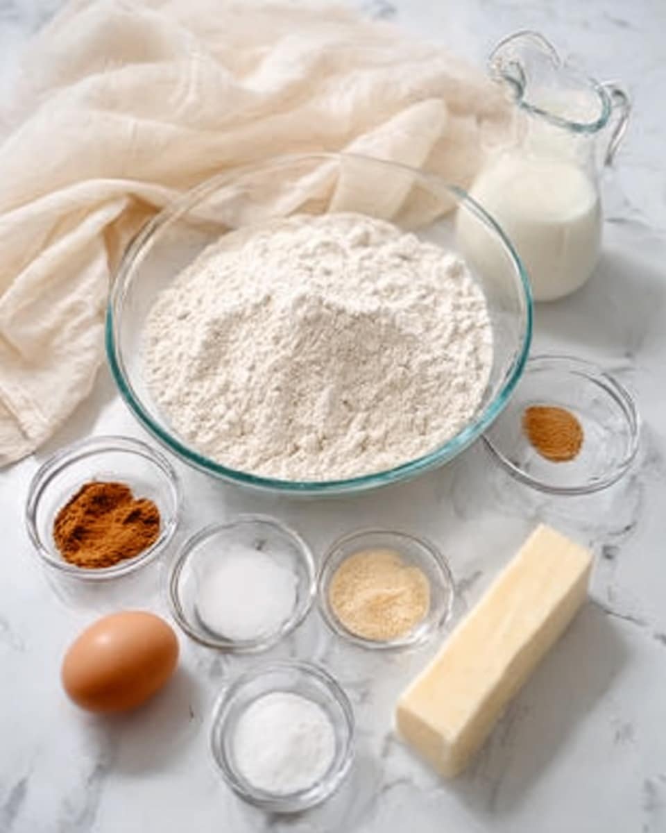 The image shows a set of baking ingredients neatly arranged on a white marbled surface. In the center is a large clear glass bowl filled with white flour. Around it are smaller clear bowls containing a single brown spice, granulated sugar, and a light beige powder. There is one brown egg placed near the bowls, a stick of pale yellow butter, and a clear glass pitcher with cream. The soft cream fabric is draped casually in the background. The photo was taken with an iphone --ar 4:5 --v 7