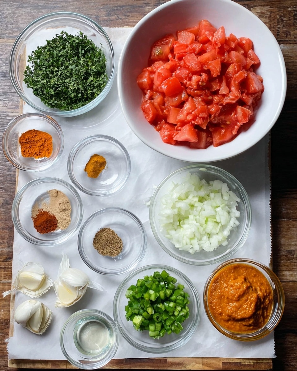 The image shows a white marbled surface with a white paper covering a wooden board, holding several small glass bowls and piles of ingredients arranged neatly. There is a large white bowl filled with bright red tomato chunks in the top right, a clear bowl of finely chopped green herbs on the left, and a small bowl with orange paste on the bottom right. Near the center, there are small glass bowls containing light brown and dark brown spices, a heap of finely chopped white onion, bright green chopped peppers, minced pale yellow garlic, and two very small bowls with clear liquids. Everything is spaced evenly, creating a clean and colorful arrangement. Photo taken with an iphone --ar 4:5 --v 7