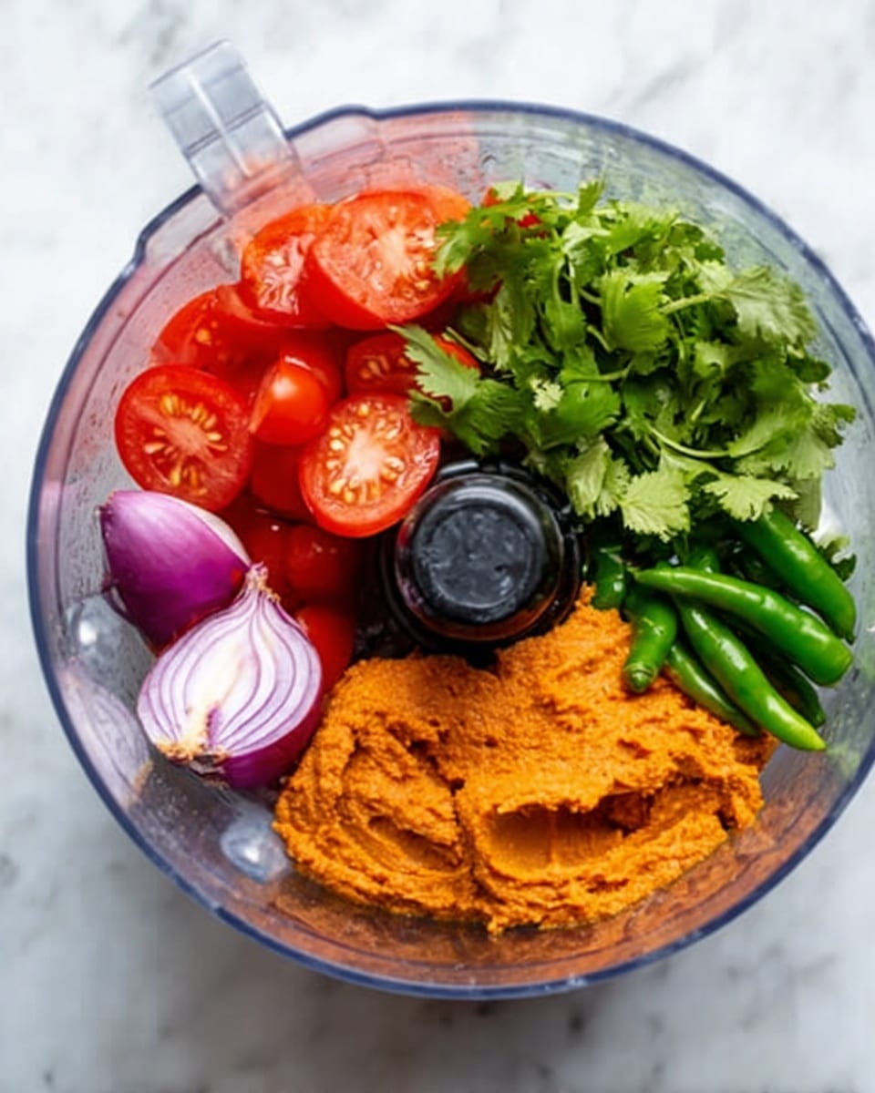 A clear blender bowl shows colorful ingredients carefully placed around the center blade. In one section, bright red tomato slices with visible seeds and soft texture sit next to fresh green cilantro leaves with fine veins and delicate stems. A purple shallot with smooth skin adds contrast, while fresh green chili peppers with shiny skins and cut ends fill another part of the bowl. The largest section is filled with a thick, orange paste-like mixture with a slightly rough texture. The bowl rests on a white marbled surface. photo taken with an iphone --ar 4:5 --v 7