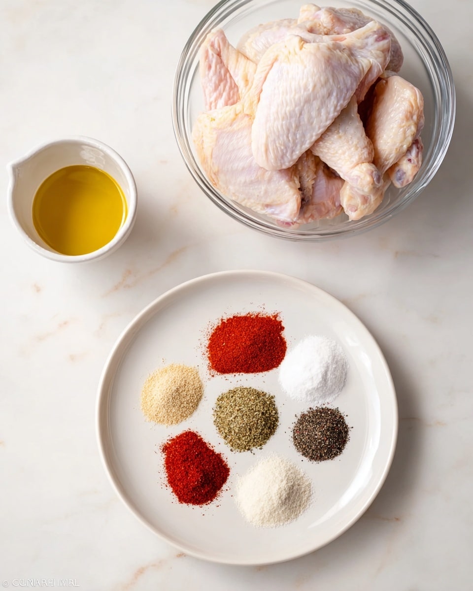 A clear glass bowl on the top right side is filled with pale pink raw chicken wings showing their smooth skin texture. Below it, a white plate holds eight small piles of colorful spices arranged in a loose circle: two light beige piles, one bright red pile in the center, one dark brown pile, one white pile, one dark green pile, one black pile, and one small reddish-brown pile. To the left of the glass bowl, a small white cup contains a golden yellow liquid. All items rest on a white marbled surface. Photo taken with an iphone --ar 4:5 --v 7