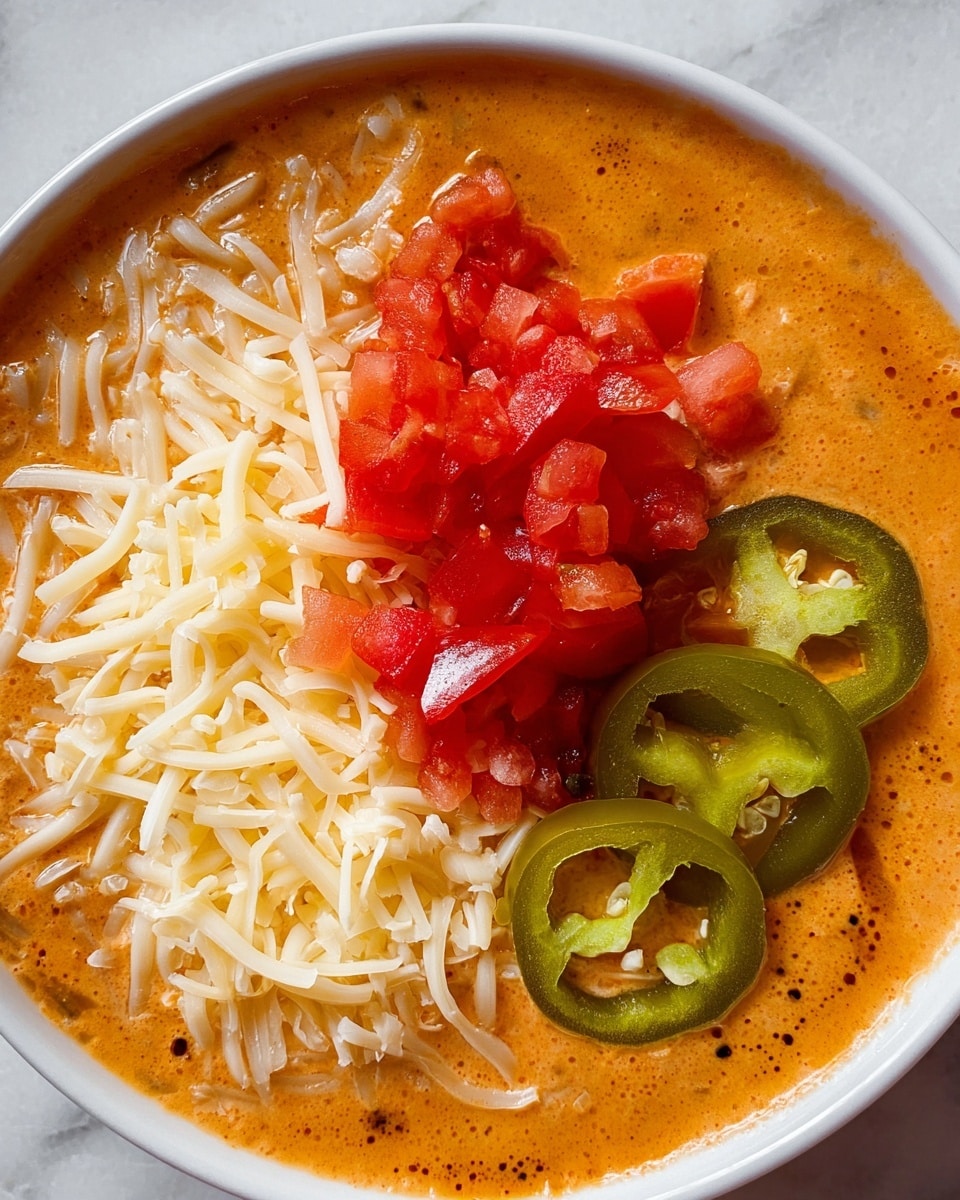 This image shows a creamy orange sauce as the base layer, smooth in texture and filling a white bowl. On top of the sauce, there is a layer of shredded white cheese spread unevenly to one side. Next to the cheese, there is a small heap of bright red chopped tomatoes mixed with bits of onion, adding a chunky texture. On top of the tomatoes, there are three green jalapeño slices, slightly shiny and round, placed near the center-right area of the bowl. The whole dish is set on a white marbled surface. Photo taken with an iphone --ar 4:5 --v 7