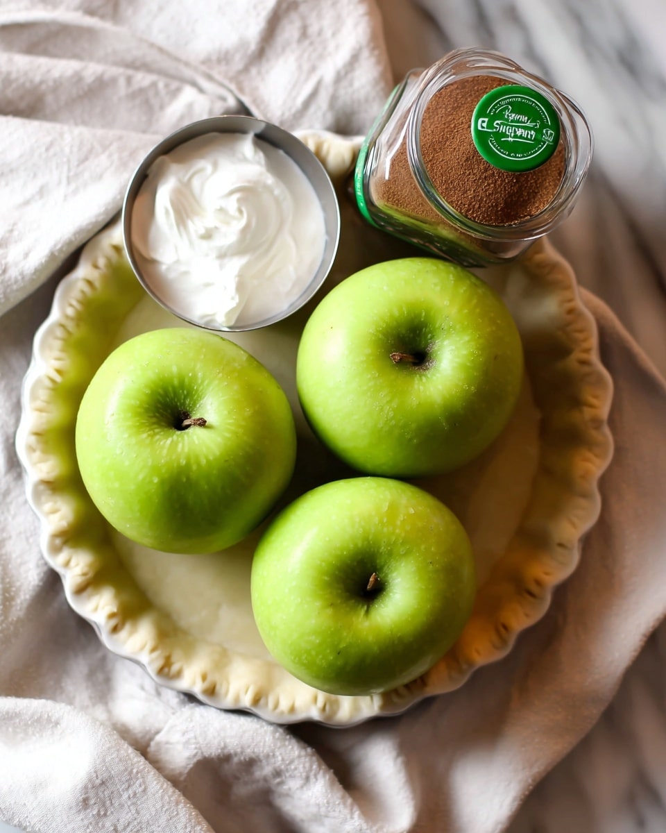 A white pie crust with a detailed edge forms the base layer, holding three large bright green apples with smooth skin, a small metal cup filled with white cream placed near the center, and a glass jar of brown cinnamon with a green lid tilted beside the apples, all set on a white marbled surface with a soft white cloth background photo taken with an iphone --ar 4:5 --v 7