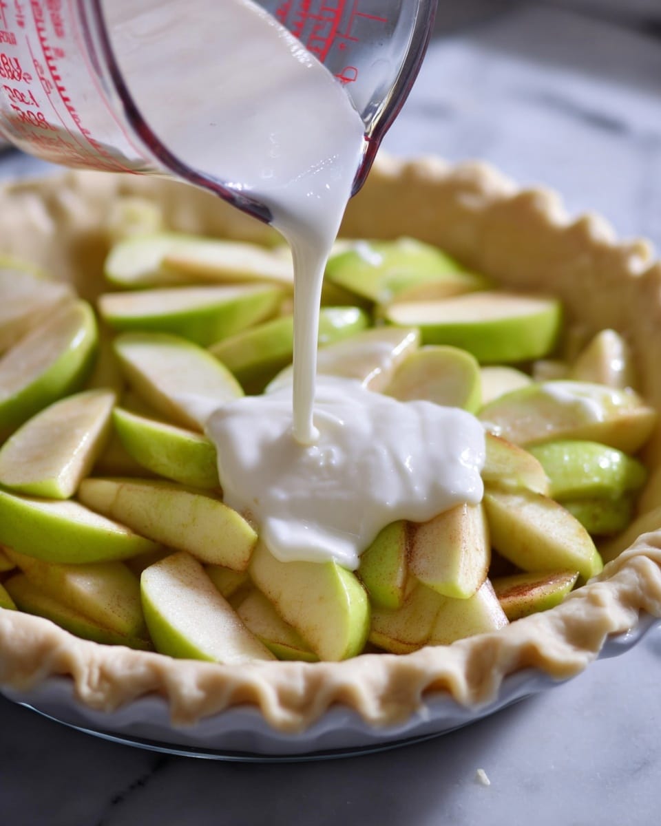 The image shows a close-up of thick white cream being poured from a clear glass measuring cup onto unevenly sliced green apple pieces with slightly brown edges. The apple slices are arranged in a white pie crust with a crimped edge, all placed on a surface with a white marbled texture, giving a fresh and homemade feel. The cream flows smoothly over the apple slices covering some of them, while the rest of the pie crust and apples are visible around it. Photo taken with an iphone --ar 4:5 --v 7