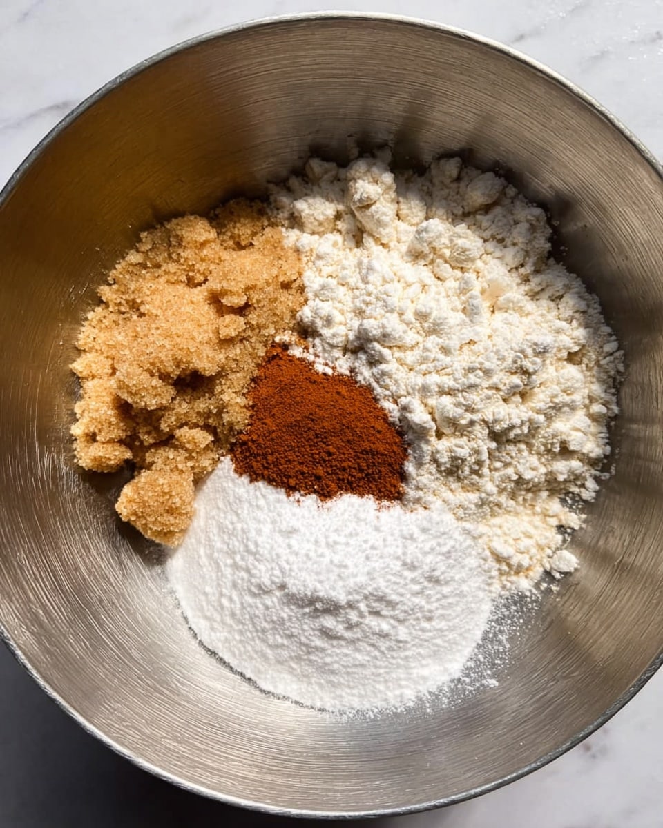 In a large silver metal bowl on a white marbled surface, there are four piles of dry ingredients arranged side by side but not mixed. On the left, a light brown sugar texture with a small rough grain looks soft and clumped. To the right, a bright white powdery flour is spread unevenly in a mound. In the middle, there is a small pile of fine reddish-brown cinnamon powder, smooth and thin. Next to the flour, a small scoop of white baking powder or soda rests with a soft powdery texture. The bowl is round and shiny with visible reflections photo taken with an iphone --ar 4:5 --v 7