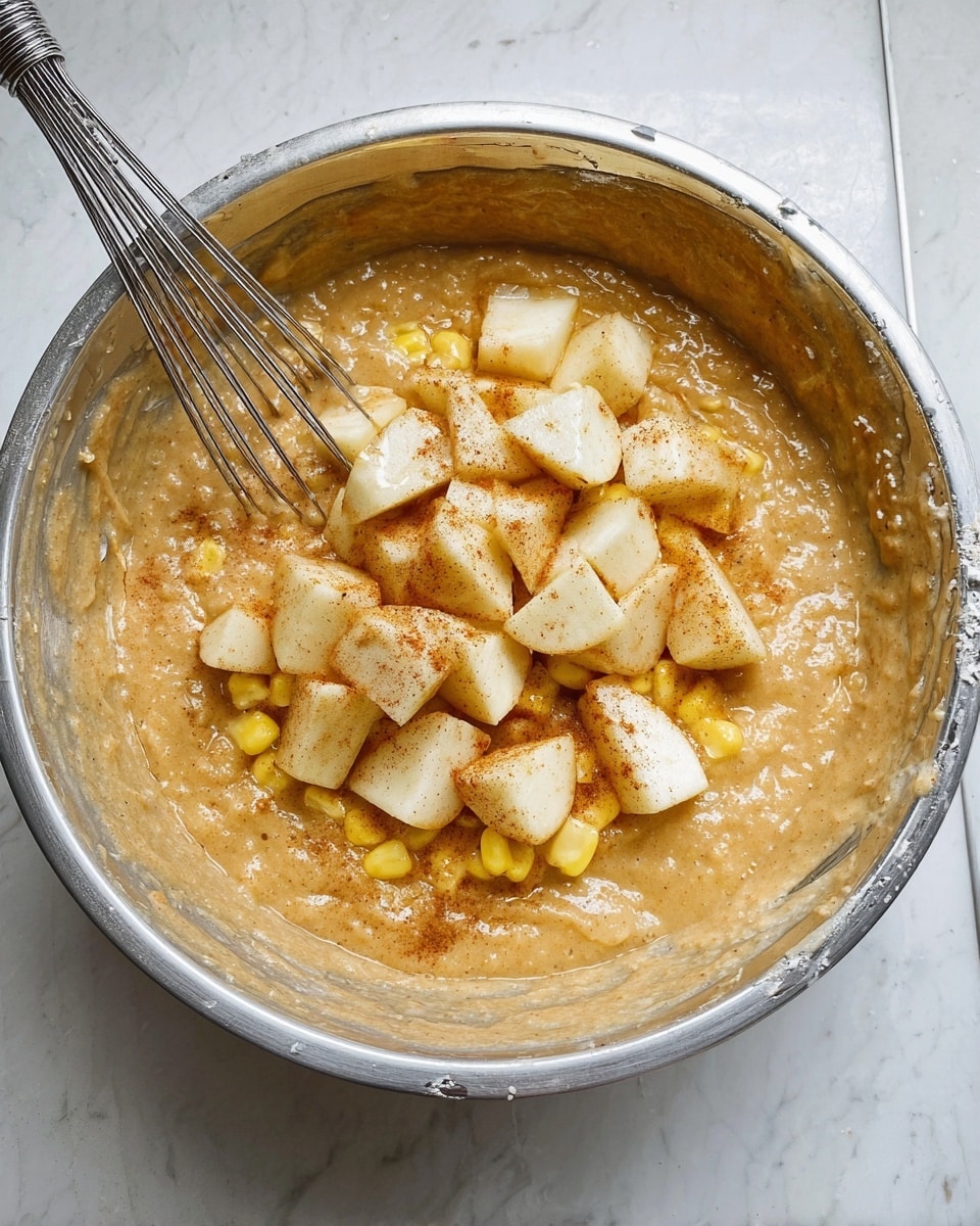 A large metal bowl filled with thick, light brown batter mixed with small yellow corn pieces, topped with several large chunks of peeled white apples sprinkled with cinnamon and a few white powder spots, with a metal whisk partially submerged on the left side of the bowl, all placed on a white marbled surface photo taken with an iphone --ar 4:5 --v 7