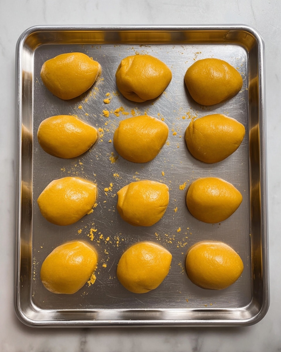 The image shows a metal baking tray filled with fifteen small dough pieces in three rows. Each dough piece is round or slightly oval with a smooth, shiny surface, and a uniform golden yellow color. The dough pieces are evenly spaced across the tray, with some small crumbs scattered around them. The tray is placed on a white marbled surface. photo taken with an iphone --ar 4:5 --v 7