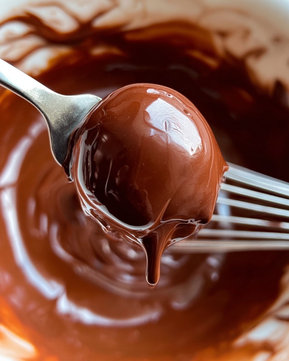 The image shows a close-up of a shiny, smooth chocolate coating on a round piece held by a metal fork. The chocolate layer is thick and glossy, covering the entire surface of the piece, with a rich dark brown color and a creamy texture. The background is a white marbled bowl filled with more melted chocolate, with a whisk resting inside the bowl, its wires also covered in chocolate. The scene captures the glossy, velvety chocolate in detail. photo taken with an iphone --ar 4:5 --v 7