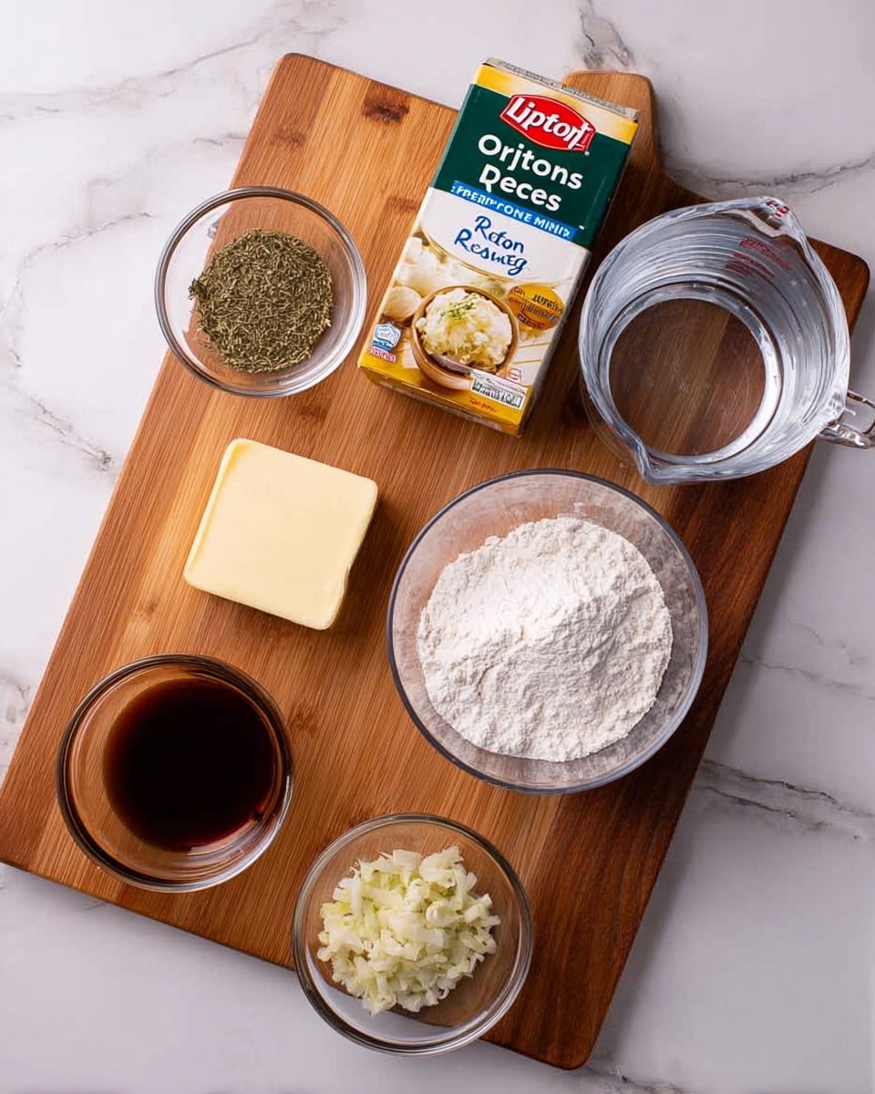 The image shows a wooden cutting board on a white marbled surface with several ingredients neatly arranged on it. There is a small glass bowl of chopped dried herbs on the top left, next to a box of Lipton Recipe Secrets Onion Soup & Dip Mix which is upright and prominently displayed. To the right of the box, there is a glass measuring cup filled with water. Below the box, a small square of pale yellow butter is placed, and to its right, there is a glass bowl filled with white flour. On the bottom left of the board, there is a small glass bowl containing a dark brown liquid, likely soy sauce or a similar ingredient. Next to this, at the very front, another small glass bowl holds a light-colored minced or crushed substance, possibly garlic. The arrangement is tidy with a clean presentation. photo taken with an iphone --ar 4:5 --v 7