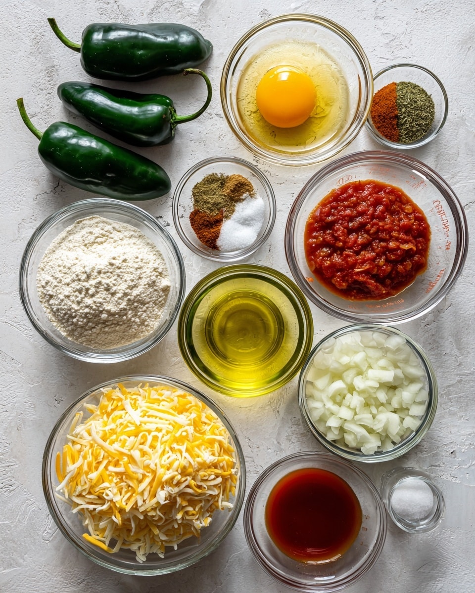 The image shows an overhead view of various cooking ingredients arranged neatly on a white marbled surface. There are four dark green poblano peppers on the lower left. Moving upward and right, there are small clear glass bowls holding diced onions, minced garlic, flour, mixed spices, salt and pepper, a cracked egg yolk, and three types of shredded yellow and white cheese in a larger glass bowl. Additionally, there are measuring cups filled with light green oil, bright red diced tomatoes, golden yellow broth, a bit of clear liquid, and a small amount of red hot sauce. The setup is clean and organized, ready for cooking. photo taken with an iphone --ar 4:5 --v 7