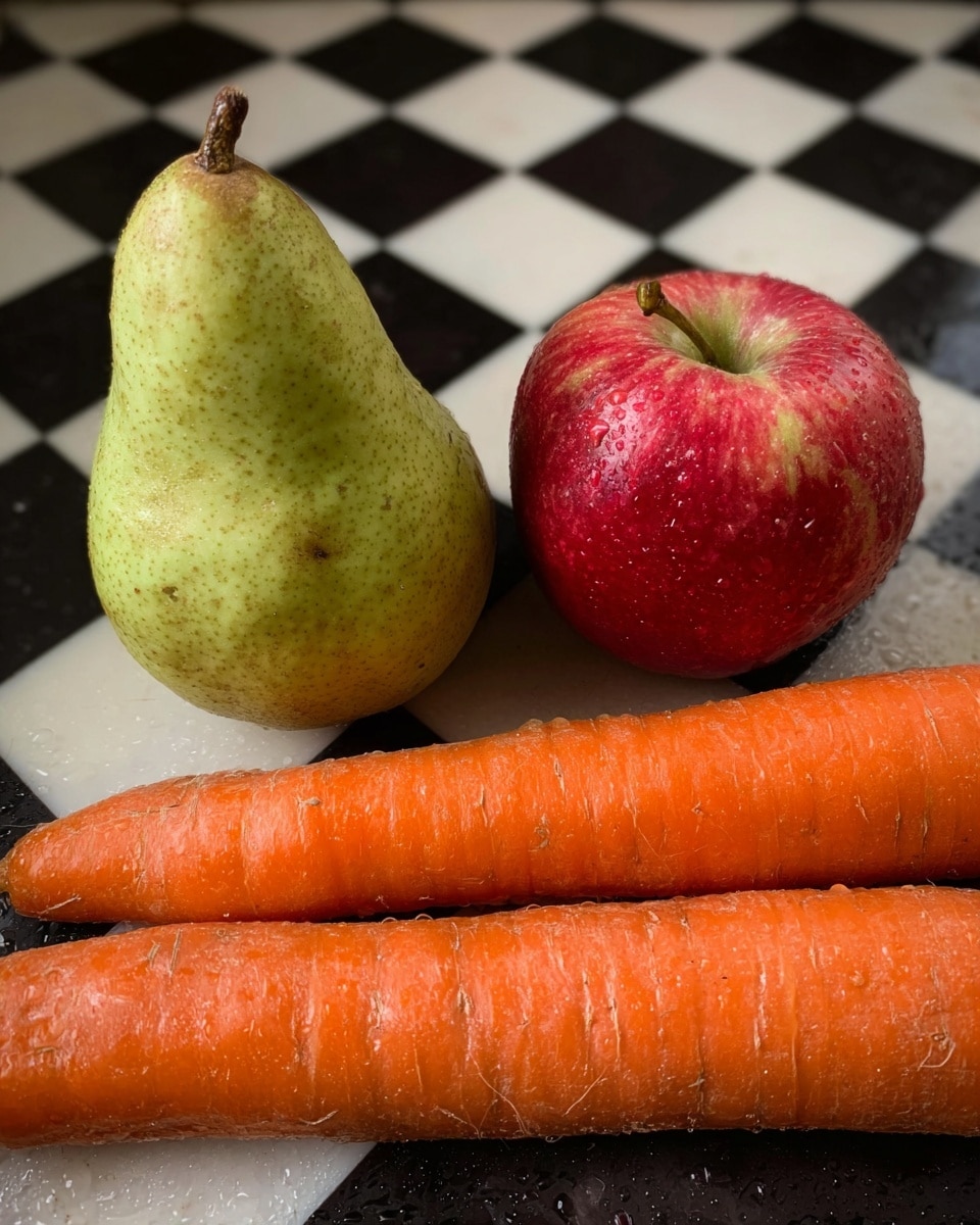 The image shows a fresh pear with a green color and a brown stem on the left, next to a round red apple with a small green stem on the right, both resting on a black and white checkered surface. In the foreground, three long orange carrots with slightly rough textures lie horizontally across the bottom of the image, with tiny water droplets visible on the fruits and vegetables. photo taken with an iphone --ar 4:5 --v 7