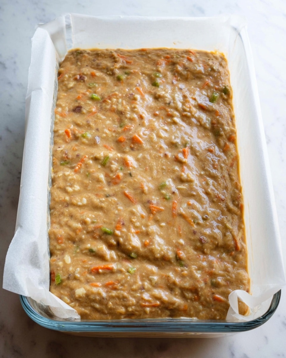 The image shows a glass rectangular baking dish lined with white parchment paper, filled with a thick, textured batter that has a light brown color with small pieces of various ingredients mixed in, such as orange carrot bits and green specks. The batter covers the entire bottom of the dish evenly and has a slightly rough surface. The dish is placed on a white marbled surface. photo taken with an iphone --ar 4:5 --v 7