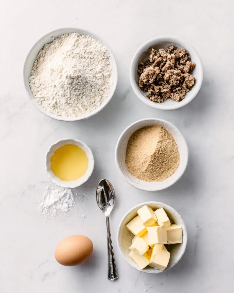 The image shows six small white bowls and a spoon placed on a white marbled surface. Each bowl contains different ingredients: one bowl has white flour, another holds a yellow liquid, the third contains small chunks of ground meat, the fourth is filled with a light brown powder, the fifth has several cubes of butter, and the last bowl is empty, with a silver spoon beside it. There is also one raw egg placed on the surface near the spoon. The setup is neat and well arranged, with all items separated clearly. Photo taken with an iphone --ar 4:5 --v 7