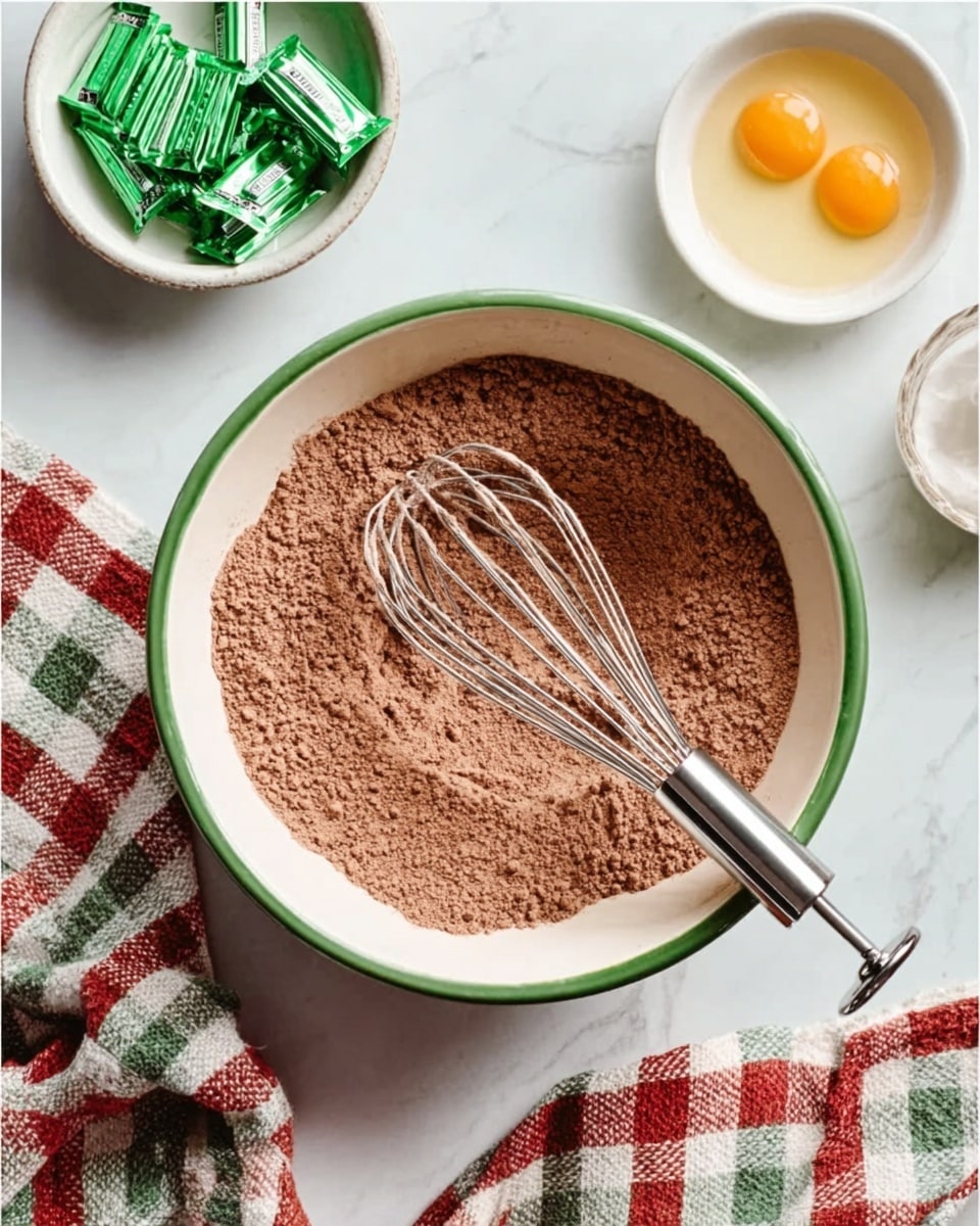 The image shows a white bowl with a green rim filled with dry brown powder, likely cocoa mix, positioned on a white marbled surface. Inside the bowl, there is a metal hand mixer whisk resting on top of the powder, its shiny texture catching the light. To the top left, a small white bowl holds multiple green packets stacked neatly. To the right of the bowl, there is a small white bowl filled with beaten eggs, showing a smooth yellow texture. In the bottom right corner, part of a checkered red, white, and green cloth is visible beneath the bowl. The overall lighting is soft and natural, giving a clean, fresh look. Photo taken with an iphone --ar 4:5 --v 7