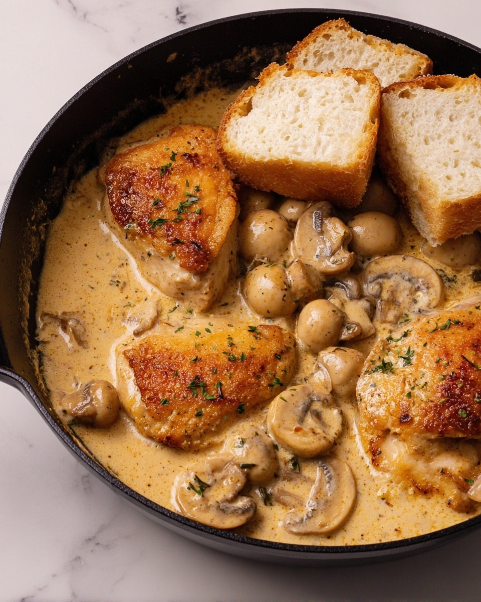 The image shows a black pan filled with a creamy light brown sauce that covers the bottom of the pan. In the sauce are three golden brown cooked pieces of chicken with a slightly crispy texture on the surface. Scattered around are whole cooked mushrooms in a pale tan color, partially submerged in the sauce. There are also four chunks of soft white bread resting on top of the sauce and chicken, showing a fluffy texture inside. Small green herbs are sprinkled on the chicken and sauce for garnish. The pan sits on a white marbled surface. photo taken with an iphone --ar 4:5 --v 7