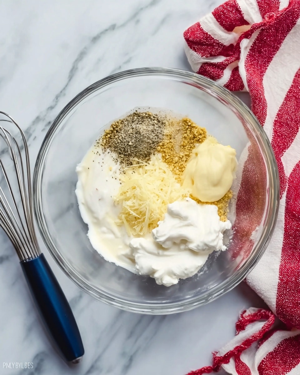 A clear glass bowl sits on a white marbled surface with a red and white striped cloth to the right and a whisk with a dark blue handle lying to the left. Inside the bowl are five layers of ingredients: a thick white creamy base at the bottom, a dollop of pale yellow creamy substance on the top right, a mound of finely grated light yellow garlic to the right center, a heap of black pepper flakes and mustard powder in the top left center, and another fluffy white creamy dollop at the bottom center. photo taken with an iphone --ar 4:5 --v 7