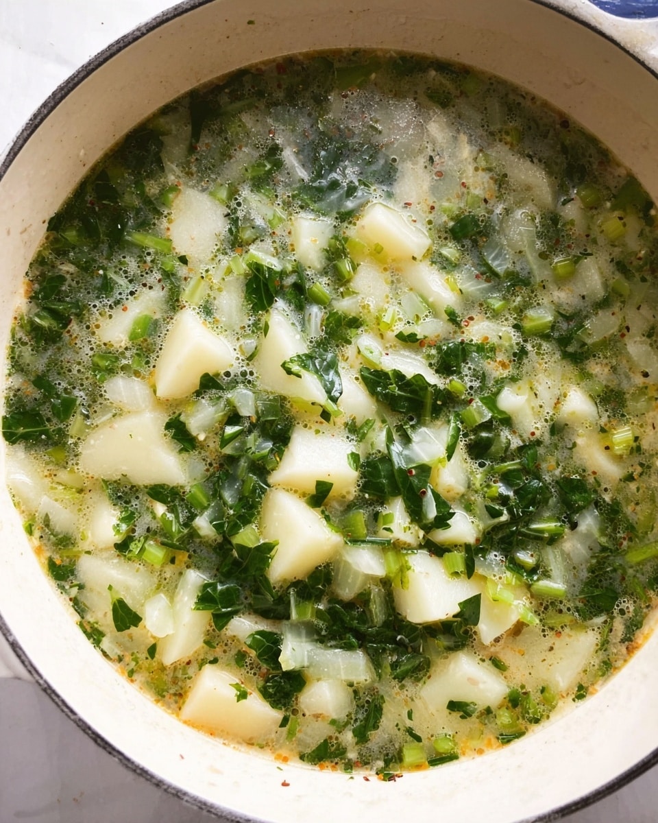 The image shows a pot filled with a light broth soup containing chunky pieces of white root vegetables and chopped green leafy vegetables. The vegetables are mixed evenly and floating in a clear, slightly cloudy liquid with tiny bubbles and specks of herbs scattered throughout. The pot interior is white, contrasting with the vibrant green and creamy white colors of the ingredients, set against a white marbled texture background. photo taken with an iphone --ar 4:5 --v 7
