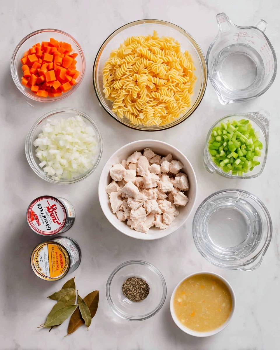 The image shows several clear glass bowls and white bowls arranged neatly on a white marbled surface. The top left bowl contains small, chopped orange carrot pieces. Below it is another clear bowl filled with finely chopped white onions. In the middle top, a clear bowl is filled with uncooked yellow egg noodles. To the right, two glass measuring cups contain clear water. Below the water, a white bowl holds small, cooked, chopped pieces of pale chicken. To the far right, there is a small glass bowl of chopped green celery and a small jar labeled ground black pepper. At the bottom left, two cans of cream of chicken soup are placed. Near the center bottom, a small clear bowl contains a yellow powdered mix, with two dried bay leaves beside it. Photo taken with an iphone --ar 4:5 --v 7