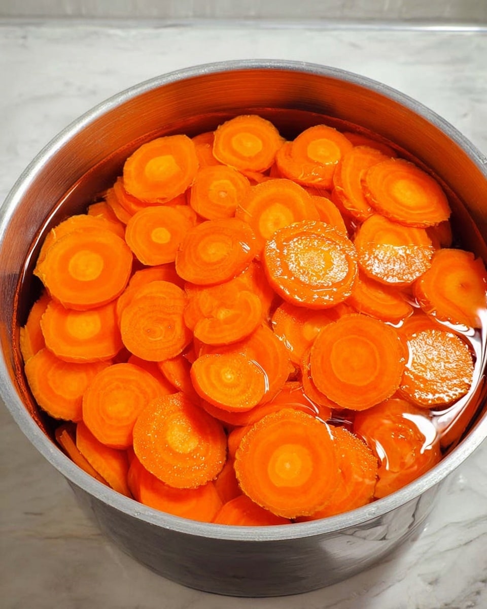A round metal pot is filled with many thin, bright orange carrot slices stacked together, submerged in clear water. The carrots show smooth surfaces with visible circular patterns at different sizes. The pot sits on a white marbled surface. photo taken with an iphone --ar 4:5 --v 7