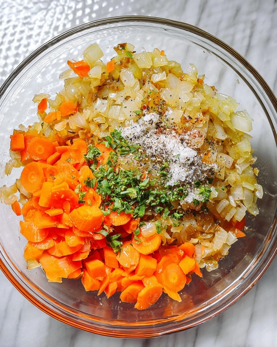 A clear glass bowl holds a colorful mix of ingredients arranged in layers; the bottom layer consists of bright orange, thinly sliced carrots positioned on the right and left sides, topped with small, chopped green herbs on the left. Above and covering most of the carrots is a layer of cooked, translucent diced onions with a slightly golden-brown texture. Scattered over the carrots and onions are white granules of salt and black specks of pepper. The bowl is placed on a white marbled textured surface. Photo taken with an iphone --ar 4:5 --v 7