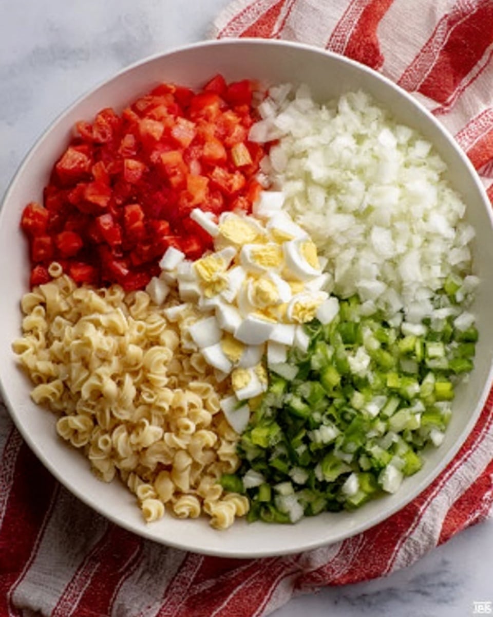 A white bowl sits on a white marbled surface with a red and white cloth nearby, filled with four distinct layers of chopped ingredients. In the top left section, bright red diced tomatoes form a rough square. To the right of the tomatoes, finely chopped white onions create a soft, fluffy texture. Below the onions, vibrant green chopped celery provides a fresh, crisp look. The bottom left section holds small, pale yellow uncooked pasta pieces, with a small pile of roughly chopped hard-boiled eggs, showing white and soft yellow yolk parts, placed between the pasta and celery. Photo taken with an iphone --ar 4:5 --v 7