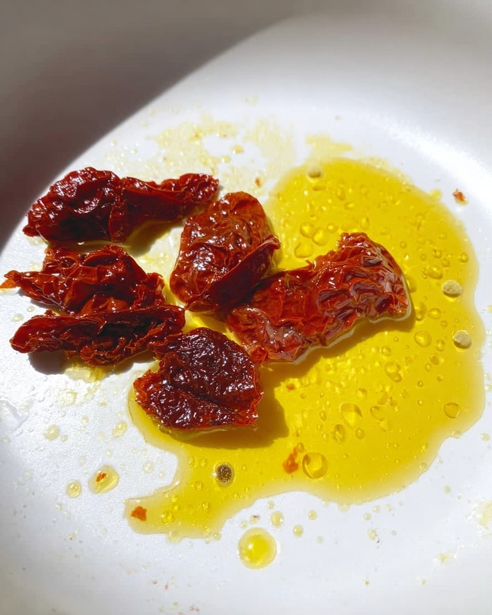 In a white pan, there are several pieces of dark red-brown dried tomato with a shiny, oily texture spread unevenly. Bright yellow oil or sauce surrounds the pieces and creates small drops around the pan. The pan's surface is plain white, showing small spots where the sauce and oil spread. The pieces are placed mostly in one area of the pan, leaving the rest empty. The light highlights the oil making it look shiny and golden. Photo taken with an iphone --ar 4:5 --v 7